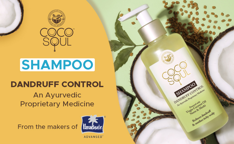 Coco Soul Dandruff Control Shampoo with Ayurvedic Medicine | 100% Cold Pressed Virgin Coconut Oil | Neem & Methi | Sulphate & Paraben Free - Makers of Parachute Advansed | 200ml