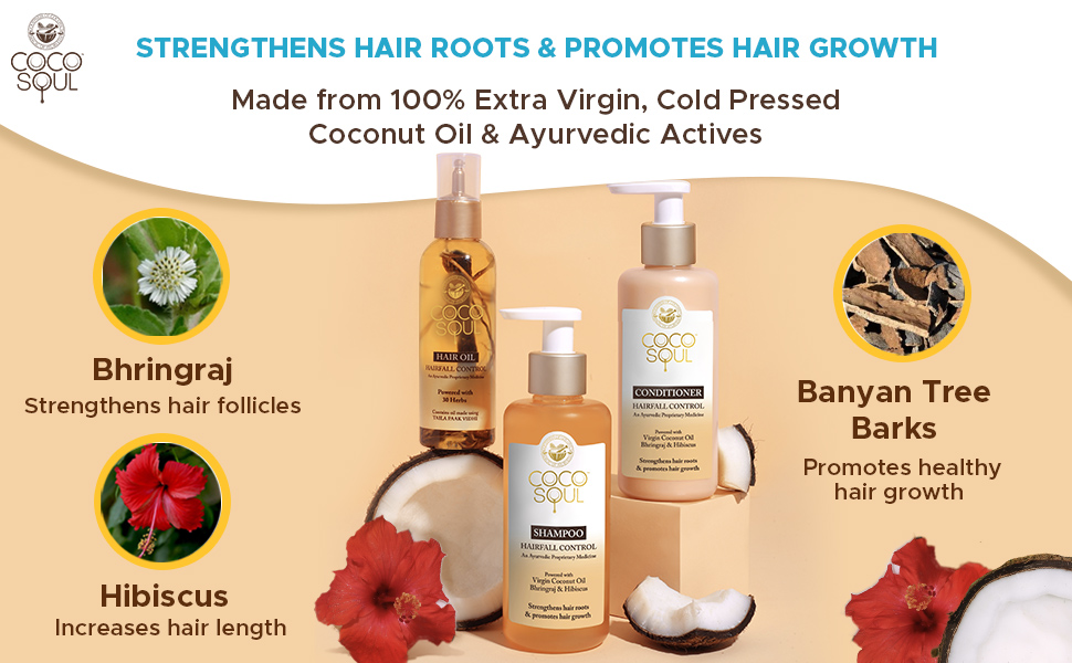 Coco Soul Hairfall Control Conditioner is formulated using select herbs & 100% Natural Ayurvedic actives that contain Keshya properties and pacify Pitta-Vata dosha. Enriched with the goodness of Bhringraj, Banyan Aerial Root, Hibiscus, Aloe Vera, Sesame Oil & Virgin Coconut Oil, Coco Soul Hairfall